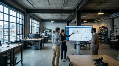 Business team reviewing AI workflow dashboards in a Calgary office