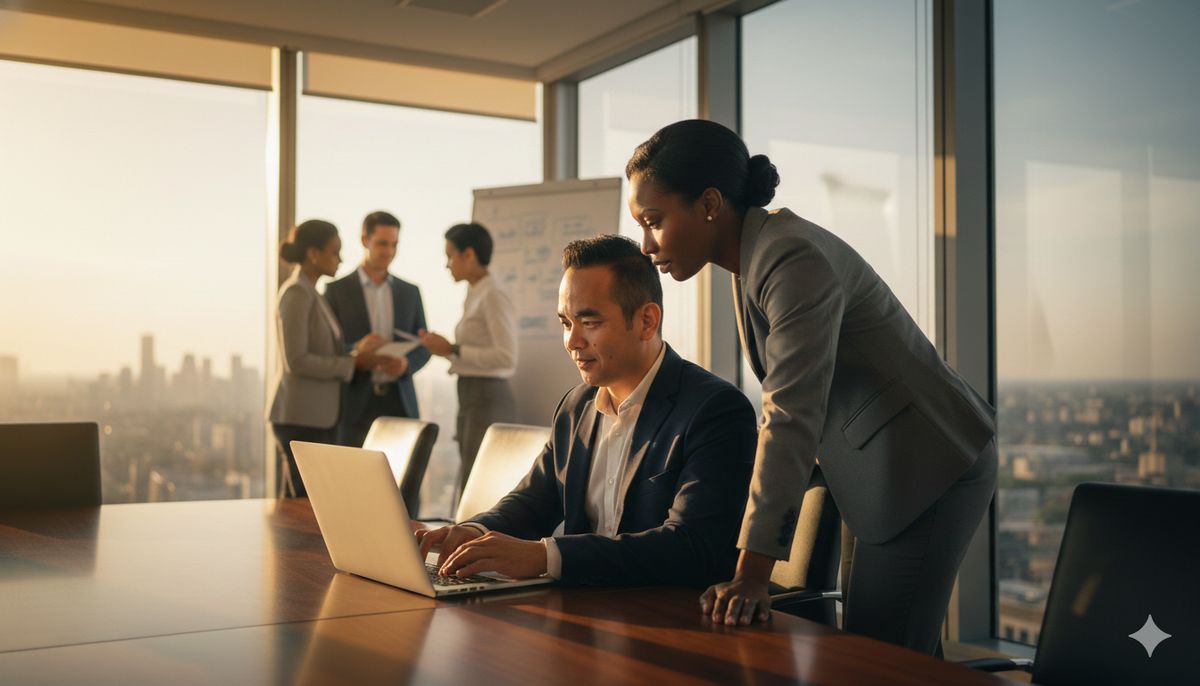 Senior AI executive in a professional office setting