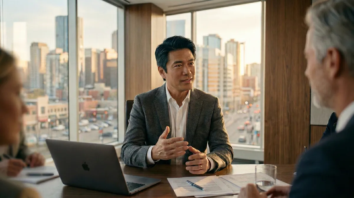 Senior executive leading an AI strategy discussion in a modern boardroom