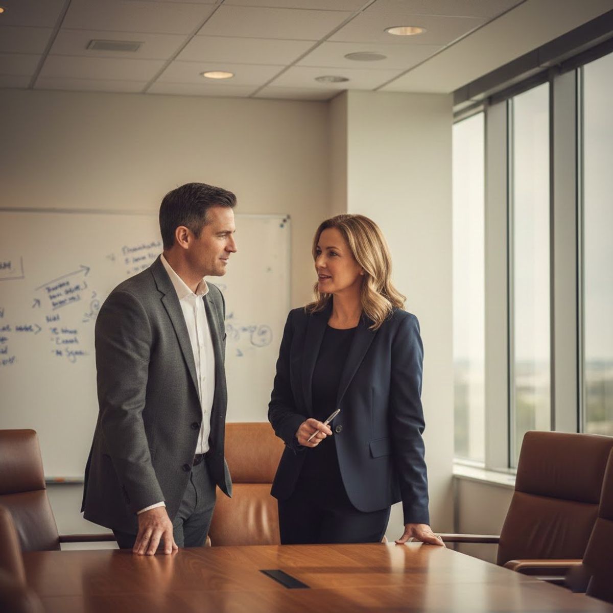 Executive leadership team collaborating in a boardroom on AI strategy