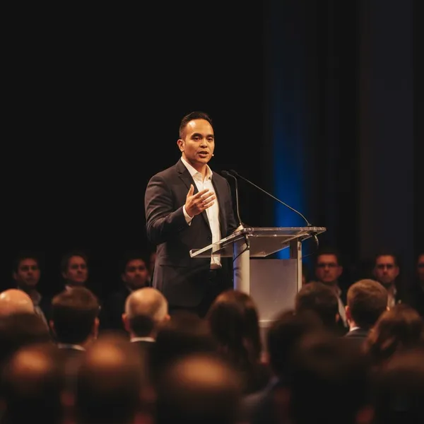 Keynote speaker presenting on AI adoption at an industry conference