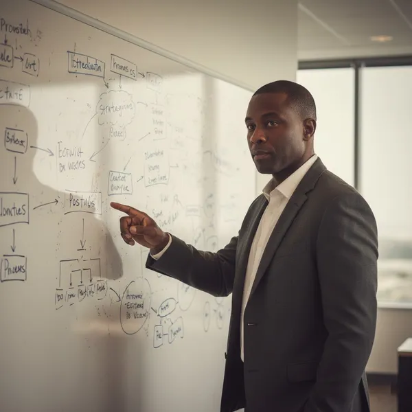 Executive team collaborating on AI strategy at a whiteboard