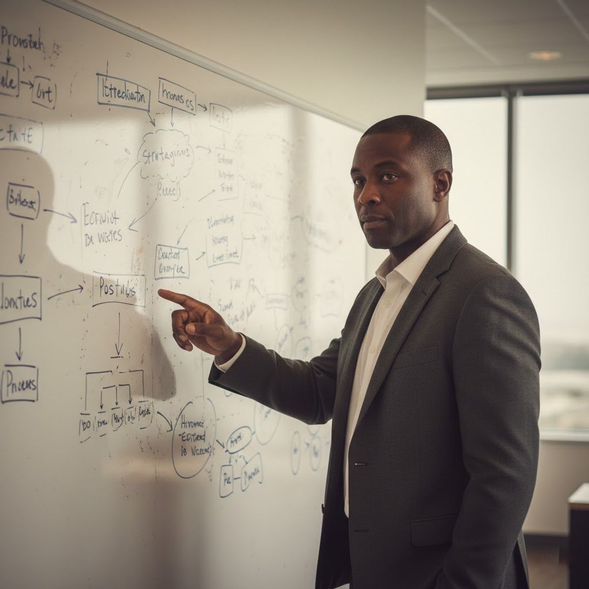 Executive team collaborating on AI strategy at a whiteboard